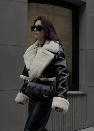 Коричневая кожаная дубленка zara- s,m. куртка авиатор укороченая,косуха