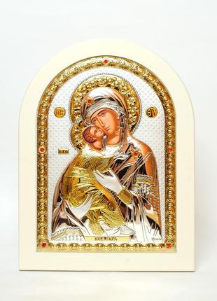 Серебряная икона владимирская божья матерь 20х25см арочной формы на белом дереве