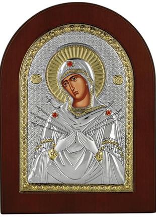 Серебряная икона семистрельная божья матерь 20х25см арочной формы в деревяной рамке1 фото