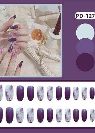 Накладні нігті набір 24 шт, красивий манікюр за 5 хвилин, фіолетові довгі нігті2 фото