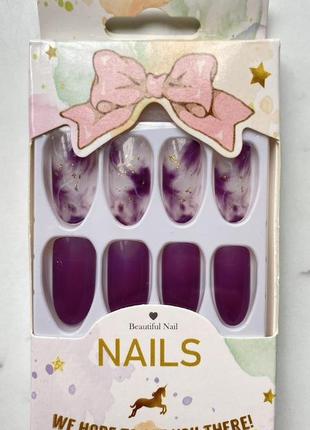 Накладні нігті набір 24 шт, красивий манікюр за 5 хвилин, фіолетові довгі нігті3 фото