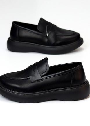 Лоферы слипоны туфли натуральная кожа на высокой подошве платформе черные