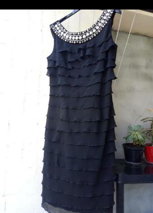 Черное вечернее шифоновое платье сарафан оборки воланы рюш миди от