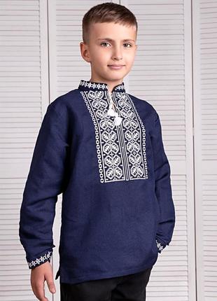Рубашка вышиванка для мальчика синий лен белая вышивка р.92 - 116