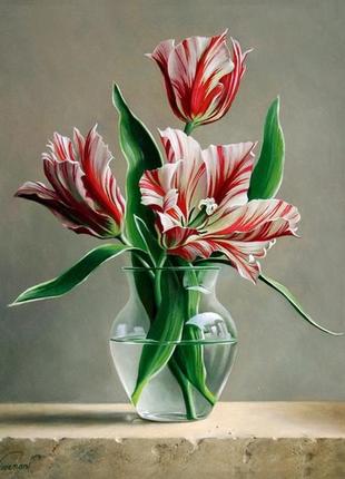 Набір алмазна мозаїка вишивка тюльпани у вазі червоні тюльпани символом любові на підрамнику повна 5d 40х50