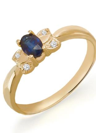 Золотое кольцо с сапфиром и бриллиантами 0,03 карат 15,5 мм. желтое золото