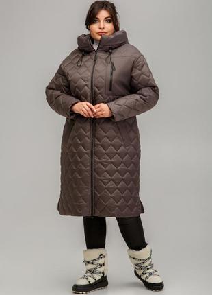 Красивое женское стеганое пальто новелла еврозима из плащевки цвета горького шоколада2 фото