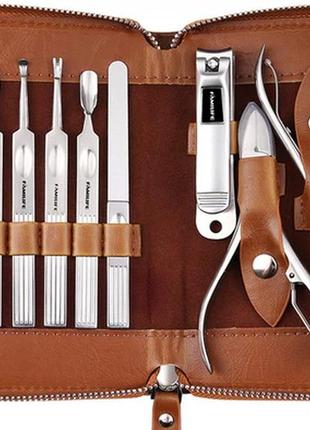 Набір для манікюру та педикюру familife з нержавіючої сталі у шкіряній сумці 11 предметів