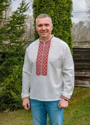 Классическая мужская белая вышиванка льняная, рубашка вышита крестиком, рубашка-вышиванка-мужская одежда1 фото