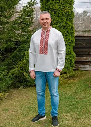 Классическая мужская белая вышиванка льняная, рубашка вышита крестиком, рубашка-вышиванка-мужская одежда2 фото