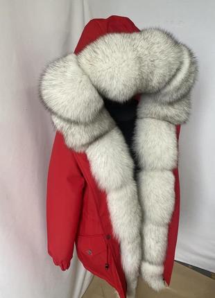 Яркая красивая женская зимняя парка куртка пальто с натуральным мехом финского песца вуаль, 40-60 размеры5 фото