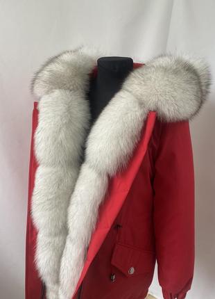 Яркая красивая женская зимняя парка куртка пальто с натуральным мехом финского песца вуаль, 40-60 размеры7 фото