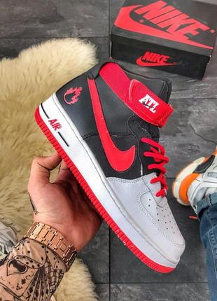 Высокие кожаные мужские кроссовки nike air force high black red  найк форс, чоловічі