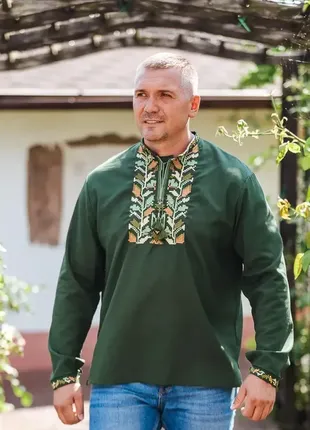 Национальная вышиванка мужская из льна, президентская вышиванка хаки, рубашка вышитая, лодыжная одежда