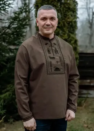 Украинская вышиванка зеленого, национальная вышиванка,президентская вышиванка льняная, мужская одежда