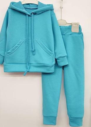 Костюм двійка дитячий підлітковий спортивний бавовняний тринитка худі кенгуру з капюшоном бірюзовий