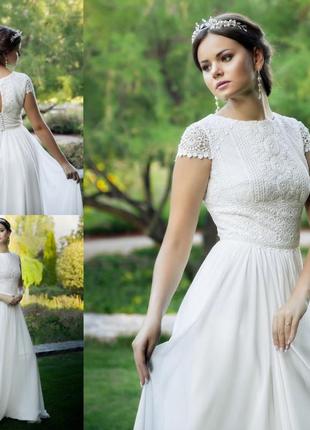 Свадебное шифоновое платье бохо макраме короткий рукав1 фото