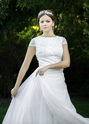 Свадебное шифоновое платье бохо макраме короткий рукав3 фото