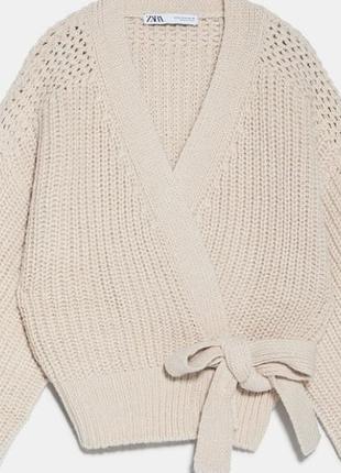Zara в наличии бежевый женский детский кардиган свитер вязка на завязках на длинном рукаве размер xs/s на запах1 фото