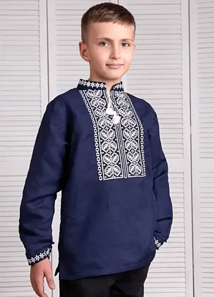 Классическая национальная темно-синяя вышиванка для мальчиков, рубашка вышитая крестиком льняная, детская одежда