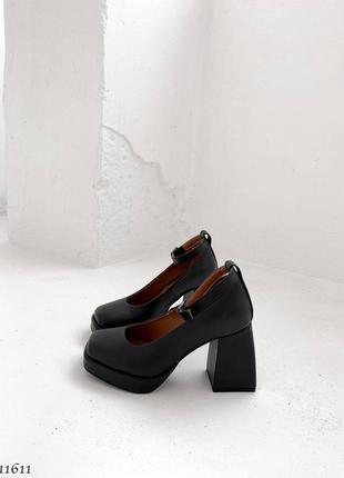 Черные натуральные кожаные трендовые туфли на высоком толстом каблуке с платформой ремешком кожа6 фото