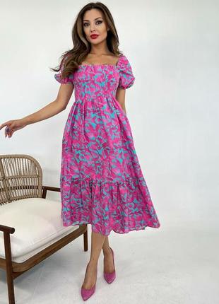 Платье хлопок туречки в цветы с резинкой розовая голубая1 фото