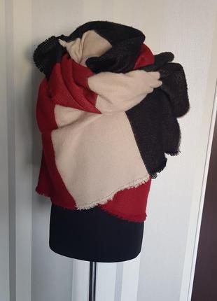 Шикарный огромный шарф палантин шаль плед чёрно бежево красный3 фото