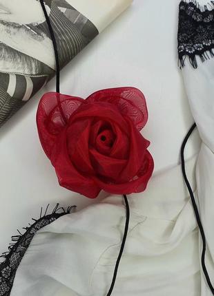 Колье чокер с большим цветком темно-красным  на шею ожерелье с розой6 фото