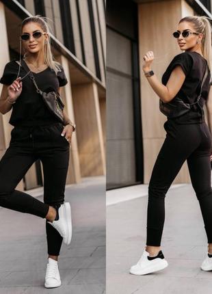 Костюм женский черный однотонный оверсайз футболка брюки на высокой посадке с карманами качественный стильный базовый