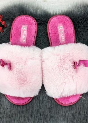 Капці жіночі хутряні белста рожеві з відкритим носком 26414 фото
