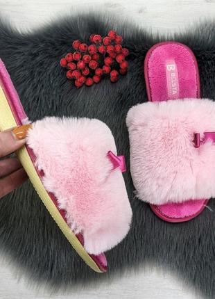 Капці жіночі хутряні белста рожеві з відкритим носком 26416 фото