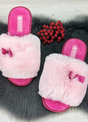 Капці жіночі хутряні белста рожеві з відкритим носком 26415 фото