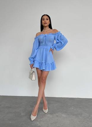 Муслиновое летнее платье короткая хит🔥 голубая голубая голубая голубая голубая