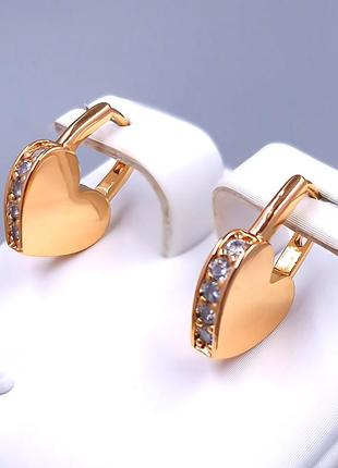Жіночі сережки "маленькі золоті замочки серце та циркони" ювелірний сплав - оригінальний подарунок дівчині