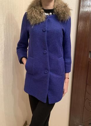 Пальто кашемировое пиджак с мехом синий3 фото