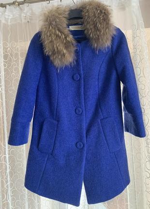 Пальто кашемировое пиджак с мехом синий2 фото