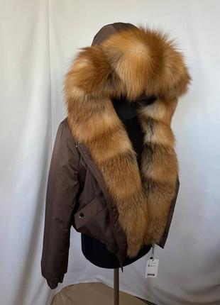 Розпродаж, в наявності 44-46 розмір, жіночий зимовий бомбер, куртка з хутром золотистої лисиці10 фото