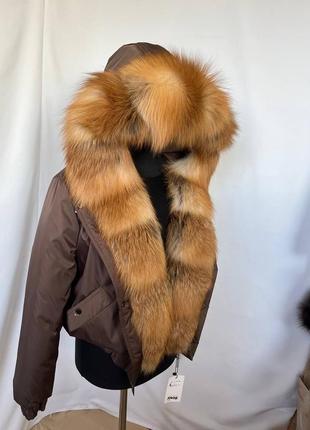 Розпродаж, в наявності 44-46 розмір, жіночий зимовий бомбер, куртка з хутром золотистої лисиці6 фото