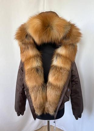 Розпродаж, в наявності 44-46 розмір, жіночий зимовий бомбер, куртка з хутром золотистої лисиці3 фото