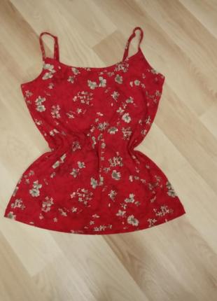 Майка летняя женская красная в цветочный принт на бретельках,футболка летний размер 12