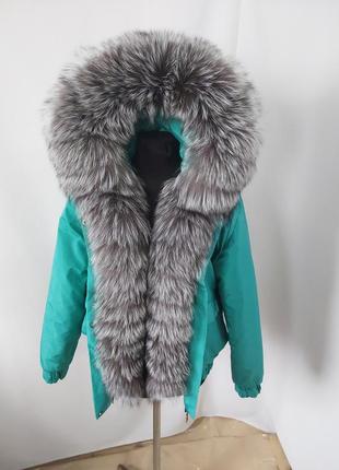 Женский зимний бомбер куртка в цвете бирюза с натуральным мехом финской чернобурки, 42-60 размеры