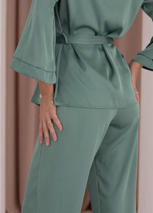 Жіночий шовковий комплект трійка кімоно(халат)+майка+штани/стильна шовкова піжама, комплект для дому, оливкова піжама5 фото