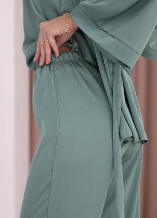 Жіночий шовковий комплект трійка кімоно(халат)+майка+штани/стильна шовкова піжама, комплект для дому, оливкова піжама3 фото