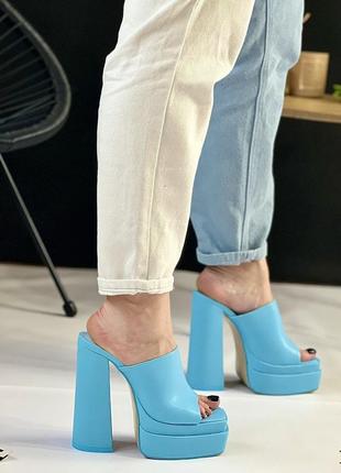 Женские шлепки сабо на высоком квадратном каблуке голубого цвета 35, 36  рр4 фото