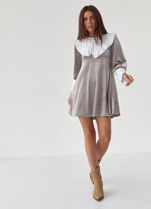 Велюрове плаття з оригінальним коміром і манжетами top20ty — кавовий колір, s (є розміри)5 фото