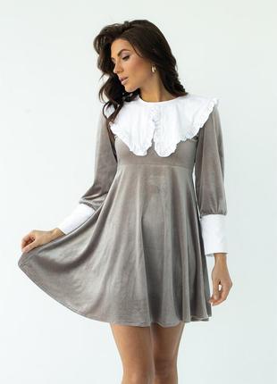 Велюрове плаття з оригінальним коміром і манжетами top20ty — кавовий колір, s (є розміри)8 фото
