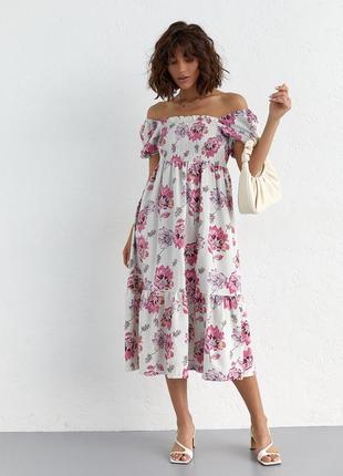 Літнє плаття у квітковий візерунок із відкритими плечима — рожевий колір, l (є розміри)6 фото