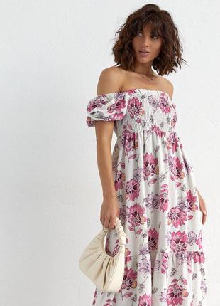 Літнє плаття у квітковий візерунок із відкритими плечима — рожевий колір, l (є розміри)3 фото