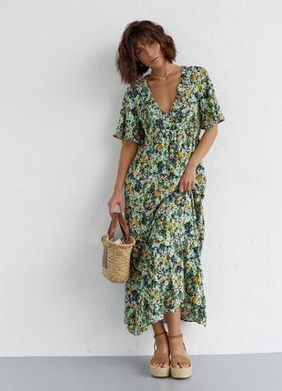 Длинное платье с оборкой и цветочным принтом - салатовый цвет, m (есть размеры)1 фото