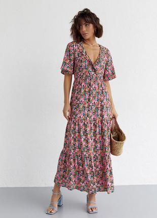 Довге плаття з оборкою і квітковим принтом — рожевий колір, l (є розміри)
